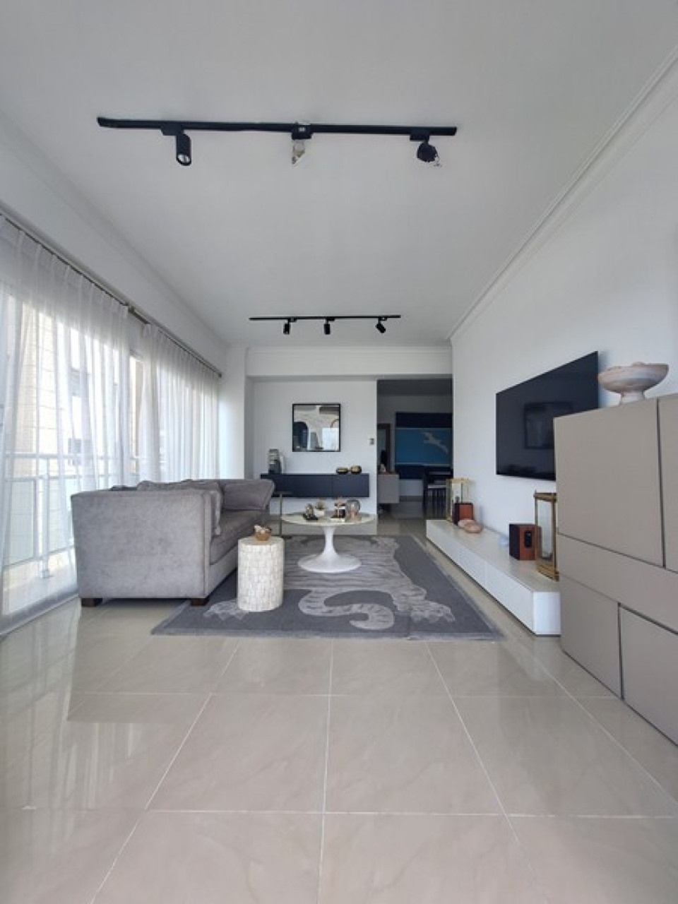 Living room with modern furnishings and track lighting